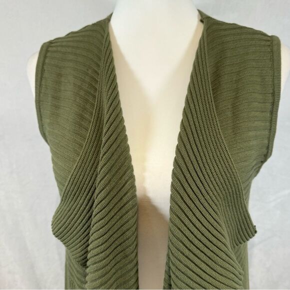 Olive green ribbed knit long line cardigan sweater vest with pockets size large - Picture 6 of 9